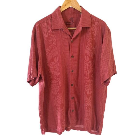 Tommy Bahama Mens Button Up Shirt 100% Silk Short Sleeve L Red Hawaiian Tropic - Picture 1 of 9